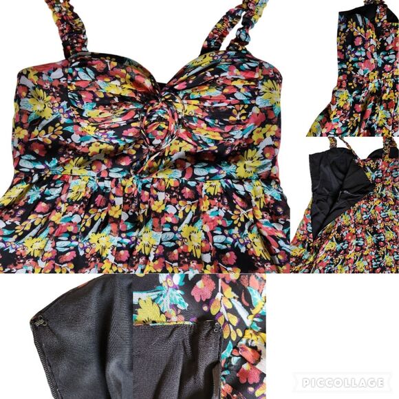 Rampage Black Yellow Pink Floral Sleeveless Sweetheart Babydoll Mini Dress Sz 9 - Picture 5 of 10